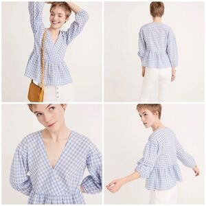 MADEWELL Bubble-Sleeve Peplum Top in Gingham Check Size XS